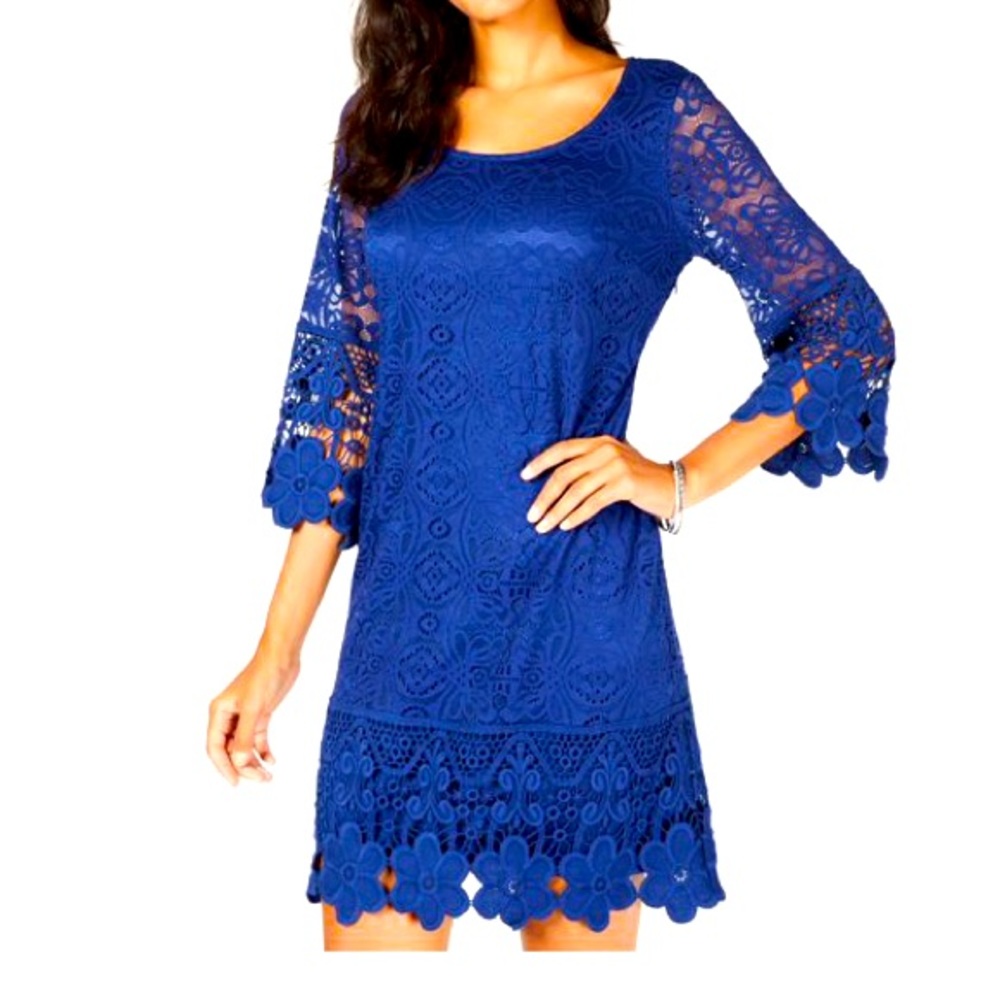 Alfani Blue Stormy Sea Eyelet Floral Lace Dress - Petite Large